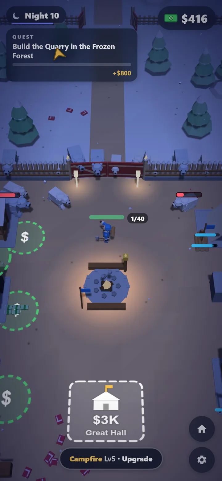 Bearfall at night: raiding bears at the palisade, lanterns lit, the campfire glowing in the middle of camp.