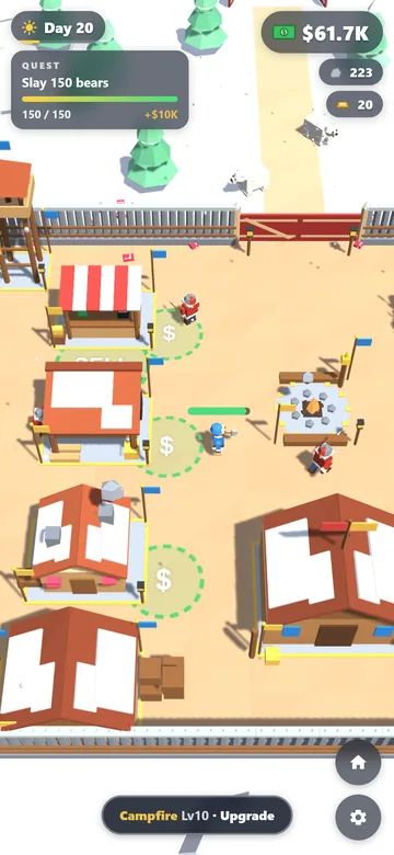 A busy Day-20 camp with upgraded buildings flying gold pennants.